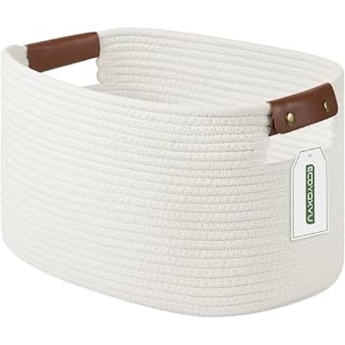 Cotton Rope Basket, Storage Baskets with Handle, 15x10x9 Inch Woven Basket for Shelves, Laundry, Towels, Clothes, Books (White 1Pack)