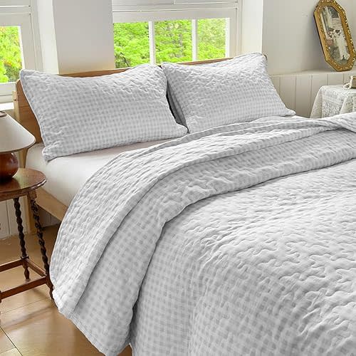 NSNLGSGC Light Gray Gingham Twin Quilt Set, Soft Pre-Washed Microfiber Grey Plaid Twin Bedspread, Lightweight Checked Summer Quilt, Grid Bedding Coverlets for All Seasons