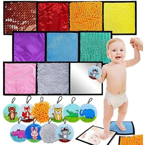 Baby Sensory Mats Animal Sensory Toys, 10 Various Textures Early Sensory Exercise Sensory Mats Sensory Toys for Kids 20 Pcs Baby Tummy Mat with Mirror Sensory Play Toys for Infant Newborn Toddler