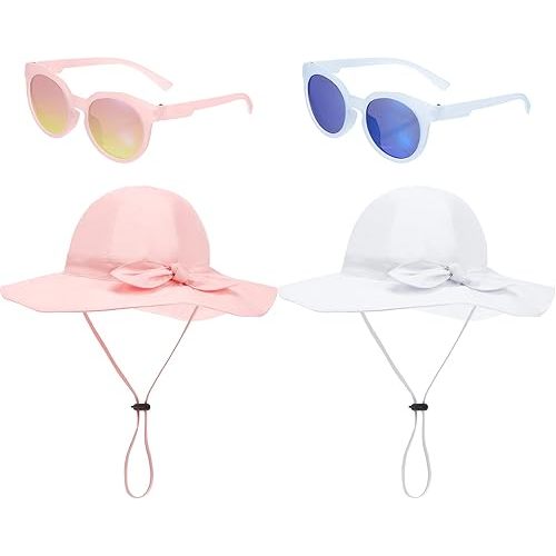 4 Pcs Baby Girl Sun Hat and Polarized Protected Sunglasses Outdoor Adjustable Beach Hat with Wide Brim for Girls Toddler Boys (Pink, White)