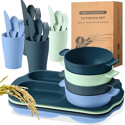 Tanlade 24 Pcs Wheat Straw Dinnerware Cutlery Sets, Kids Toddlers Divided Plates Unbreakable Bowl Microwave Dishwasher Safe Tableware Cutlery Spoon Knife Fork Cup (Dark Blue, Dark Green, Blue, Green)