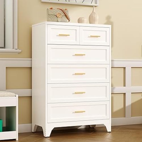 47.6" H White Dresser for Bedroom, Metal Storage Cabinet with 6 Drawers, Freestanding Storage Unit, Metal Storage Drawers for Living Room, Kitchen, Hallway (White)