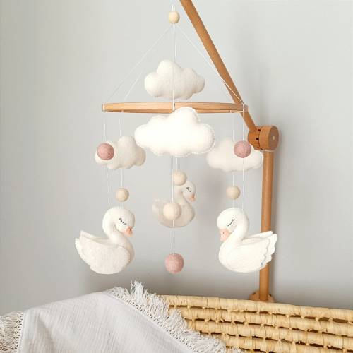 Swan baby mobile for nursery, baby girl mobile, crib mobile for girl