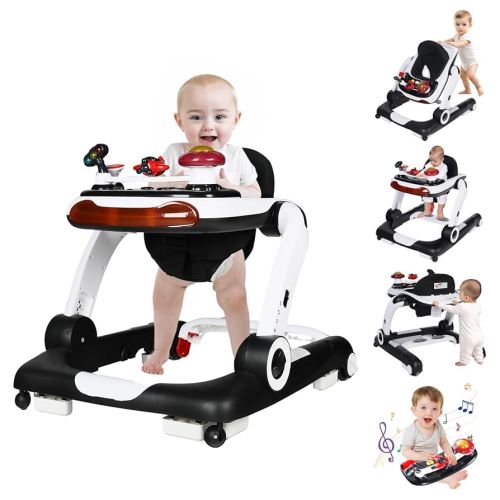 Kinder King Baby Walker with Music & Lights, 5 in 1 Baby Bouncer Activity Walker, Adjustable Height & Seat, Learning-Seated & Toddler Walk-Behind, Safety Bumper, Infant Walker Anti-Rollover, Black
