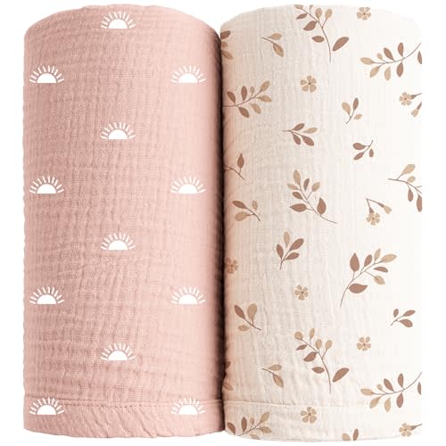 Konssy Muslin Swaddle Blankets for Girls Boys, 2 Pack Receiving Baby Blanket Large 47 x 47 inches, Soft Breathable Swaddling Wrap for Unisex Newborn (Pink Sun,Khaki Leaf)