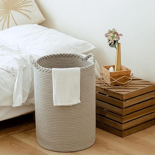 58L Woven Laundry Basket,Tall Wicker Laundry Basket for Blankets,Clothes,Pillows,Toys,Shoes Large Cotton Laundry Hamper for Bedroom Living Room Bathroom Nursery Gray