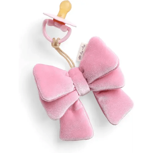 Itzy Ritzy Pacifier & Lovey Set - Natural Rubber Paci with Stuffed Animal Lovey - Detachable Velour Bow Pacifier Holder & Coordinating Natural Rubber Soother, Ideal for Ages 0-6 Months (Bow)
