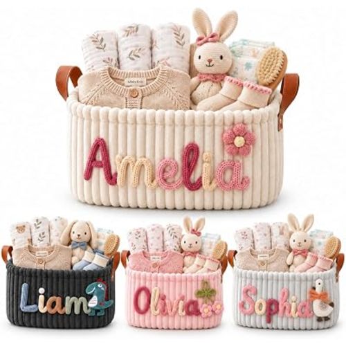 WFR Personalized Baby Basket with Name, Custom Corduroy Nursery Basket