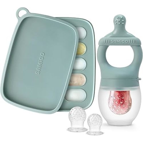 SAMiGO Baby Food Fruit Feeder and Breastmilk Popsicle Mold Set, Silicone Fruit Teether, Food Feeder Pacifier for Teething Relief, Freezer Tray, Baby Feeding Essentials, 4 Months+