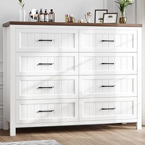 Farmhouse Dresser 8 Drawer Dresser for Bedroom, Large Wooden Dressers Double Grey Dresser with Deep Drawers Dressers for Hallway, Entryway (White and Brown)