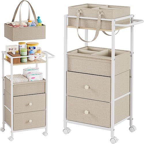 Modanais Baby Diaper Caddy Organizer Cart with Drawers - 3In1 Rolling Storage Cart with Wheels, Removable Diaper Caddy, Detachable Dividers - for Crib, Bedroom, Art & Craft Organizer (Off White)