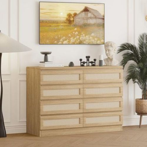 Garvee 8 Drawer Double Dresser For Bedroom, Rattan Chest Of Dressers, Modern Wooden Dresser Chest For Nursery, Living Room And Entryway, Natural