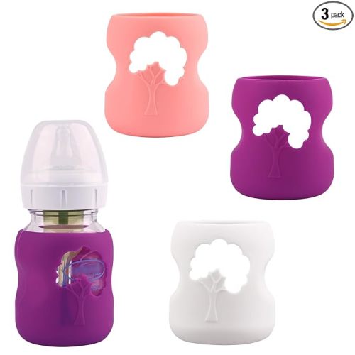 3 Pack Silicone Sleeves for Dr. Brown's Natural Glass Baby Bottles, Anti Breakage Baby Bottle Holder, Compatible Dr. Brown Wide-Neck Glass Baby Bottles 5 oz (White+Pink+Purple)