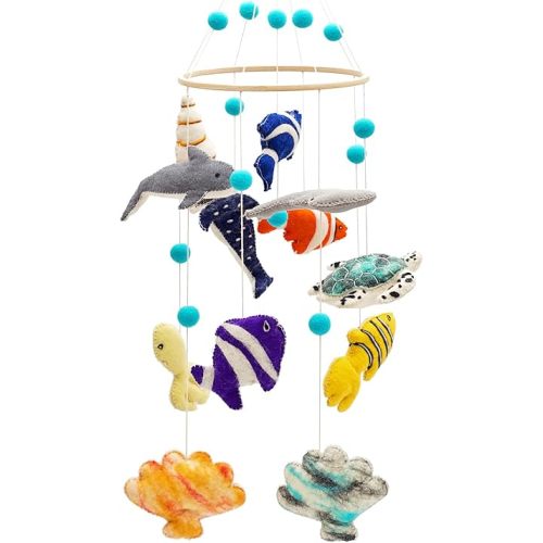 Glaciart One Ocean Nursery Mobile - Colorful Decor for Crib, Baby Rooms - Handmade, Child-Safe Wood, Felt Wool & Cotton - Ocean Themed Decoration for Girls & Boys - 10x24Inch, 60Inch Hanging String