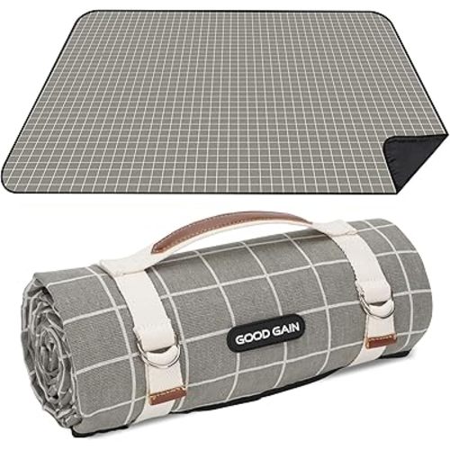Picnic Outdoor Blankets Waterproof Extra Large - Beach Mat Sand Free Foldable with Carry Strap | Portable Camping Blanket | Park Blanket for Grass Park, Hiking, Travel, Concerts, Indoor (Grey Check)
