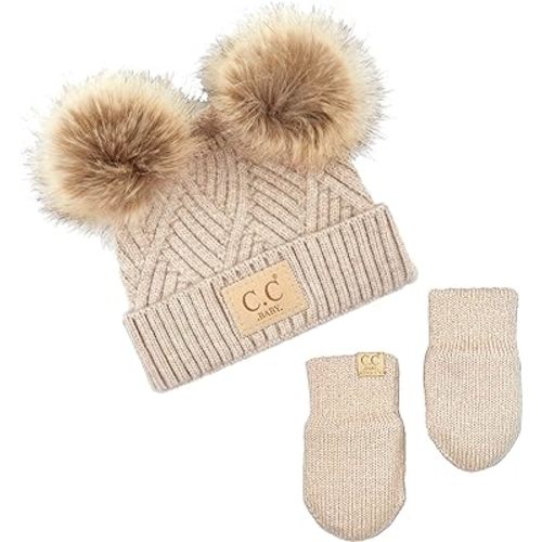Funky Junque Knit Infant Double Pom Pom Beanie and Matching Fleece Lined Soft Mittens Set for Baby Newborn Boy Girl