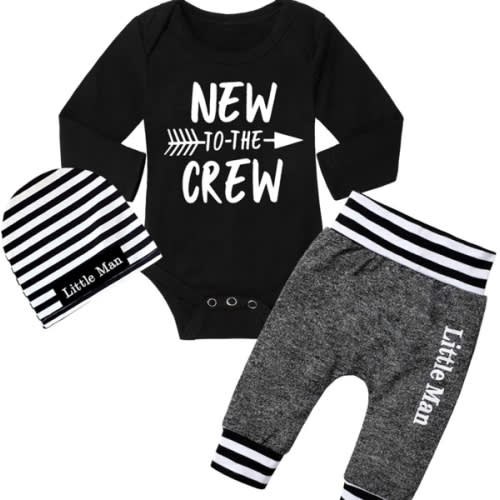 Fommy Newborn Baby Boy Clothes New to The Crew Letter Print Romper+ Pants+Hat 3PCS Outfit