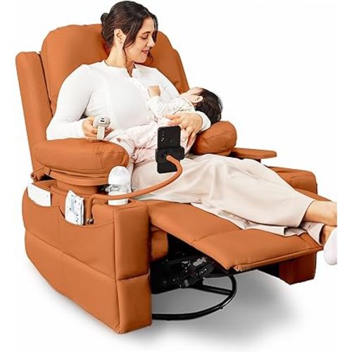 Rocking Chair Nursery with Adjustable Armrests, Electric Glider Recliner Nursery Chair for Breastfeeding, Power Swivel Recliner Chair with USB Port and Storage, FSC Certified (Mocha)
