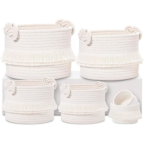 6-Piece Decorative Storage Rope Basket Set– Woven Rope Baskets for Storage Organization, Small Basket for Nursery Baby Stuff, Toy Basket, Boho Basket (Off White)
