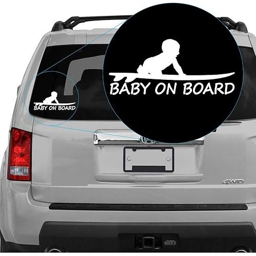Yoonek Graphics Baby on Board Boy on Surfboard Decal Sticker. 6" X 2.6" (Width X Height) (White). (SKU: 304White6w)