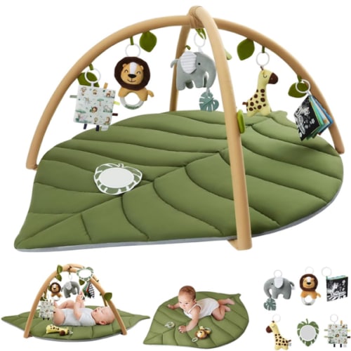 Blissful Diary Baby Play Gym & Activity Mat, Oversize Leaf Shaped Baby Play Mat with 6 Detachable Toys
