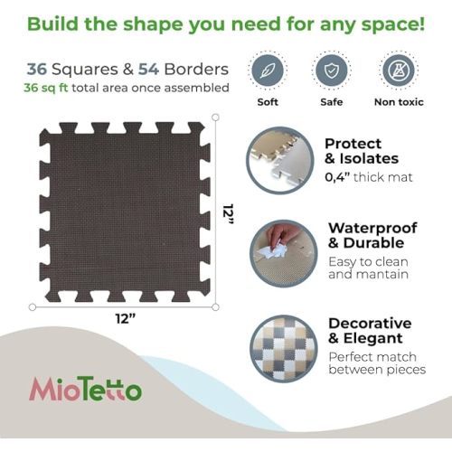 MioTetto 36-Tile Soft Non-Toxic Baby Play Mat, Foam Floor Tiles, Jigsaw Puzzle Play Mat, Interlocking Flor Mats, Foam Mat for Babies, Toddlers & Kids Gym, Nursery, Playroom, 36 Sq Ft