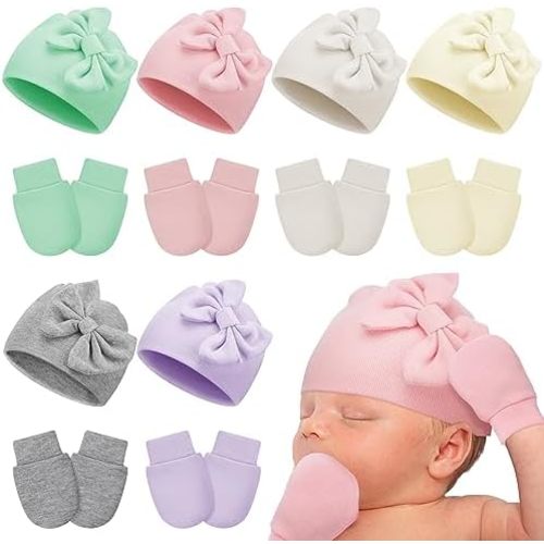 6 Pack Preemie Hats and Mittens Set Bow Knot Preemie Hat No Scratch Mittens Cotton Warm Soft Baby Beanie
