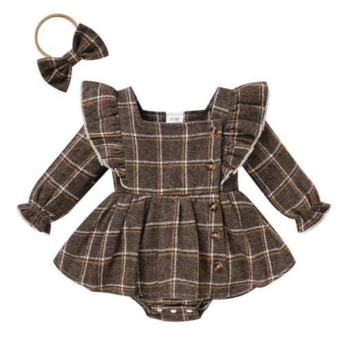 TITKKOP Newborn Baby Girl Fall Winter Clothes Plaid Long Sleeve Romper Buttons Outfit Ruffles Dress with Bow Headband