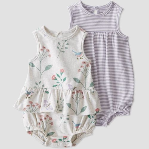 little Planet By Carter's Baby 2pk Rain Botanical Jumpsuit - Gray/Lilac Purple, Size: Newborn