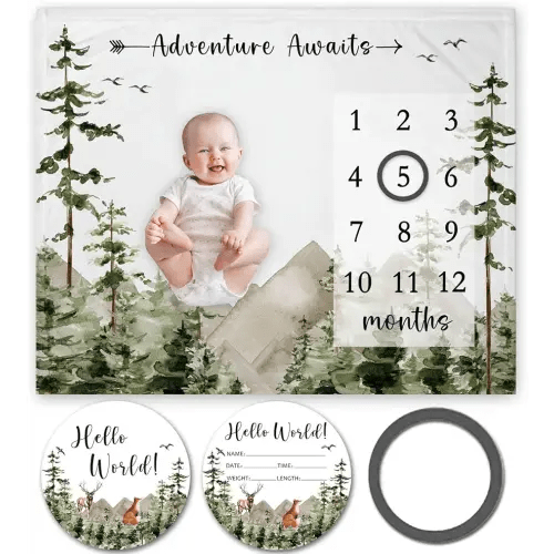 Adventure Awaits Baby Milestone Blanket with Birth Stat Sign, Mountain Baby Growth Chart Monthly Blanket, Watch Me Grow Adventure Baby Nursery for New Moms Baby Shower(50"x40")