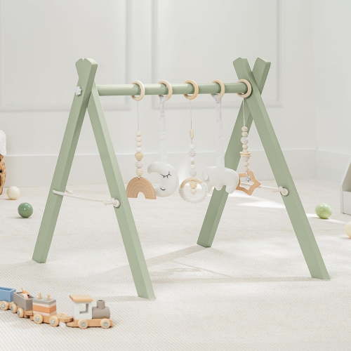 Comfy Cubs Baby Play Gym Set, Wooden Hanging Bar with Gym Toys, Foldable for Infants, Sage