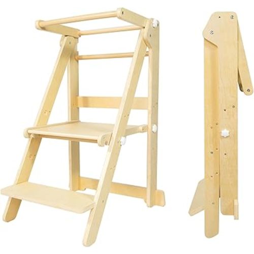 Foldable Toddler Learning Standing Tower, WOOD CITY Montessori Kitchen Step Stool Helper with 3 Adjustable Heights Learning Kitchen Tower for Counter and Bathroom Sink (Natural)