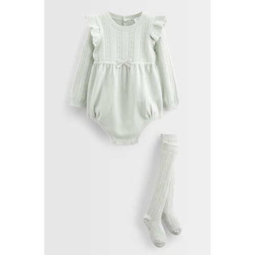 Pointelle Long Sleeve Sweater Romper & Socks Set, 3M