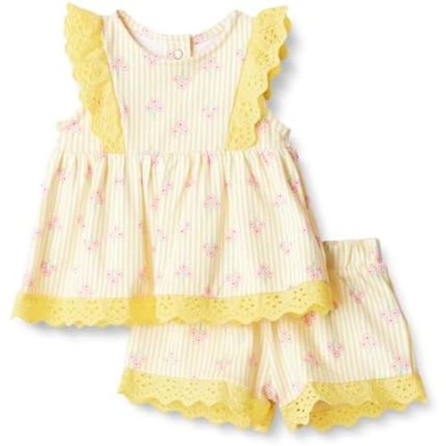 Amazon Essentials X Sofia Grainge Baby Girls' Baby Girls' Short & Top Cotton Play Set, Light Yellow Stripe Floral, 6-9 Months