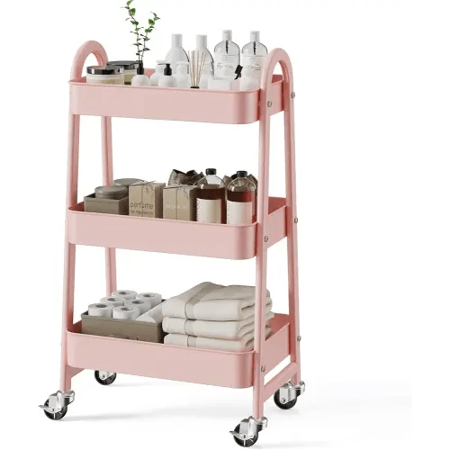 3 Tier Rolling Cart - Metal Utility Carts on Lockable Caster Wheels, Mobile Storage Shelves Organizer for Livingroom, Bathroom, Kitchen, Bedroom & Narrow Places, Pink
