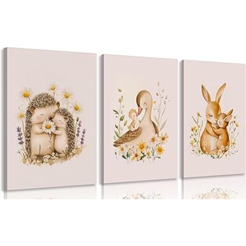 3 Pcs Animal Nursery Canvas Wall Art Watercolor Baby Animals with Wildflowers Painting Picture Wall Decor Cute Rabbit Hedgehog Duck Nursery Paintings Artwork for Kids, Baby Room Home Decoration