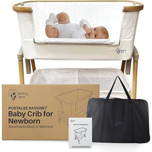 Baby Bassinet Bedside Sleeper, Portable Crib for Newborns, Adjustable 7-Height Auto-Lock, with Wheels, Soft Mattress & Breathable Mesh
