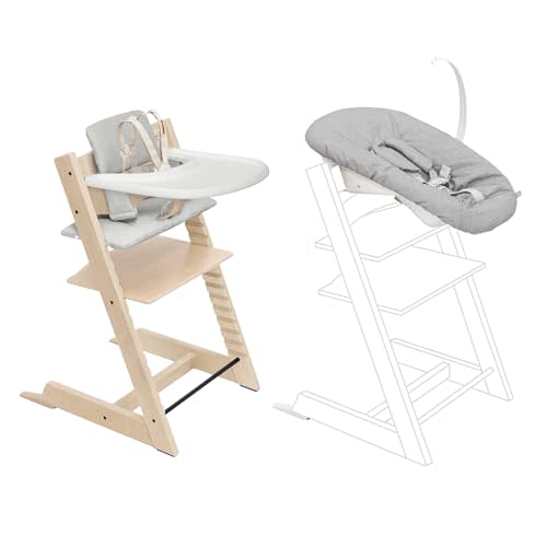 Stokke Tripp Trapp High Chair 2 (Natural) + Newborn Set + Cushion 2 (Nordic Grey) + Stokke Tray (White) - Includes Chair & Baby Set with Removable Harness for Children 6-36 Months