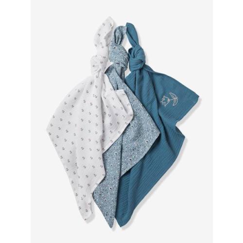 Set of 3 Muslin Squares in Cotton Gauze, INDIA - set blue, Nursery