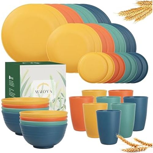 Wrova 40Pack plates and bowls sets for kids - Unbreakable wheat straw dinnerware sets service for 8 - Alternative plastic 40pcs dish sets for kitchen, camping and indoors dinning - (Colorful)