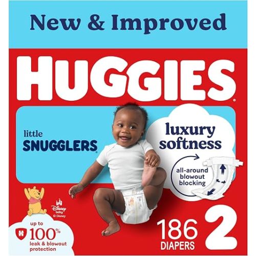 Huggies Size 2 Diapers, Little Snugglers Baby Diapers, Size 2 (12-18 lbs), 186 Count (3 Packs of 62), Packaging May Vary