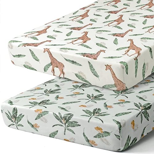 Pack n Play Sheets, BROLEX 2 Pack Mini Crib Sheets,Stretchy Portable Fitted Playard Sheet Set, Convertible Playard Mattress Cover,Ultra Soft Breathable Material,Giraffe Leaf