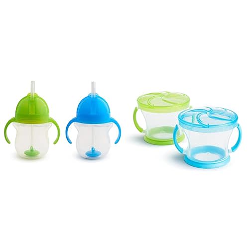 Munchkin Happy Snacker Toddler Cups and Snack Containers - 7oz Any Angle Weighted Straw Trainer Cup and 9oz Snack Catchers, Blue/Green