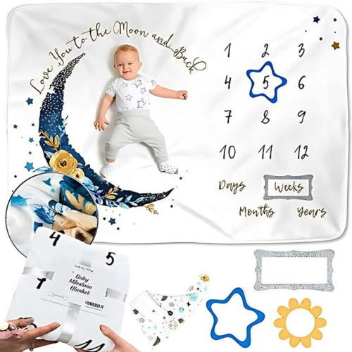 Luka & Lily Baby Milestone Blanket - Ultra Soft Fleece Monthly Milestone Blanket for Baby Girl and Boy - Perfect for Baby's First Year Growth Chart - Monthly Baby Milestone - Gold Moon - 60"