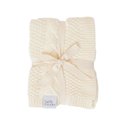 Sweet Acorn Knit Baby Blanket in Elegant Pattern, organic Cotton Blankets for Crib or Stroller, Receiving Blankets - Salt White