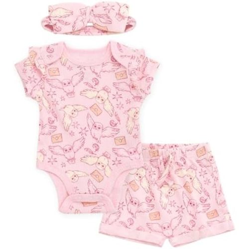Harry Potter Baby Girls Ribbed Bodysuit, Shorts & Headband 3 Piece Outfit Set Newborn to Infant Sizes (Newborn - 24 Months)