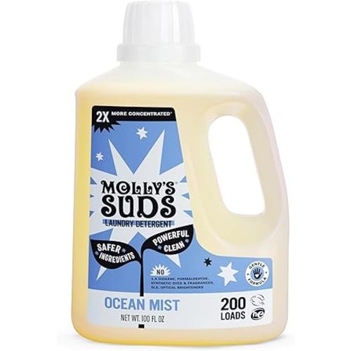 Molly's Suds Liquid Laundry Detergent | Clean Laundry Detergent Soap for Sensitive Skin | 2x Concentrated, High Efficiency (HE) (Ocean Mist - 200 Loads)