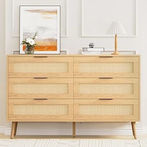 Wooden Dresser for Bedroom, Natural Rattan Dresser with Drawers, 6 Drawer Chest of Drawers, Double Dressers Chest for Nursery, Hallway, Living Room
