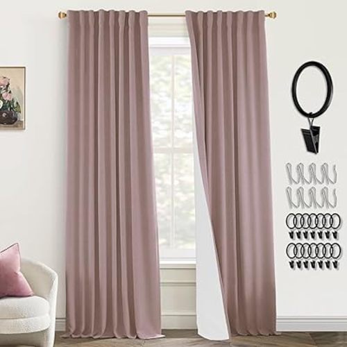 PANELSBURG Blackout Curtains for Bedroom 2 Panel Sets,Dusty Rose Linen Textured Back Tab Pleated Boho Curtains for Nursery Living Room,84 Inch Length,Mauve