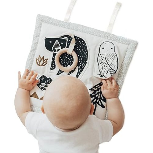 Wee Gallery Organic Activity Pad - High Contrast Tummy Time Play Mat with 4 Interactive Activities - Soft Sensory Mat for Babies - Visual & Motor Skill Development Pad - (Woodland)